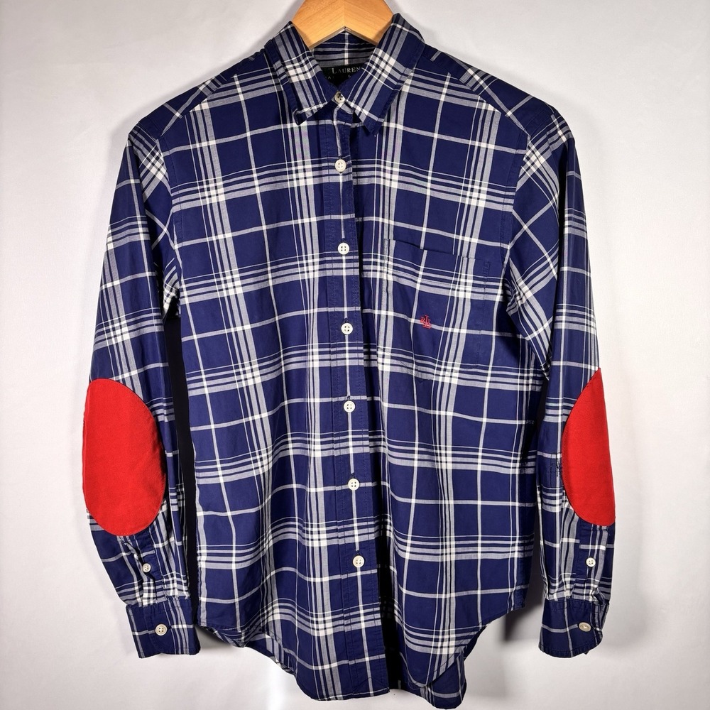 Lauren Ralph Lauren Button Up Shirt Womens 4 P Petite Equestrian Elbow Patches